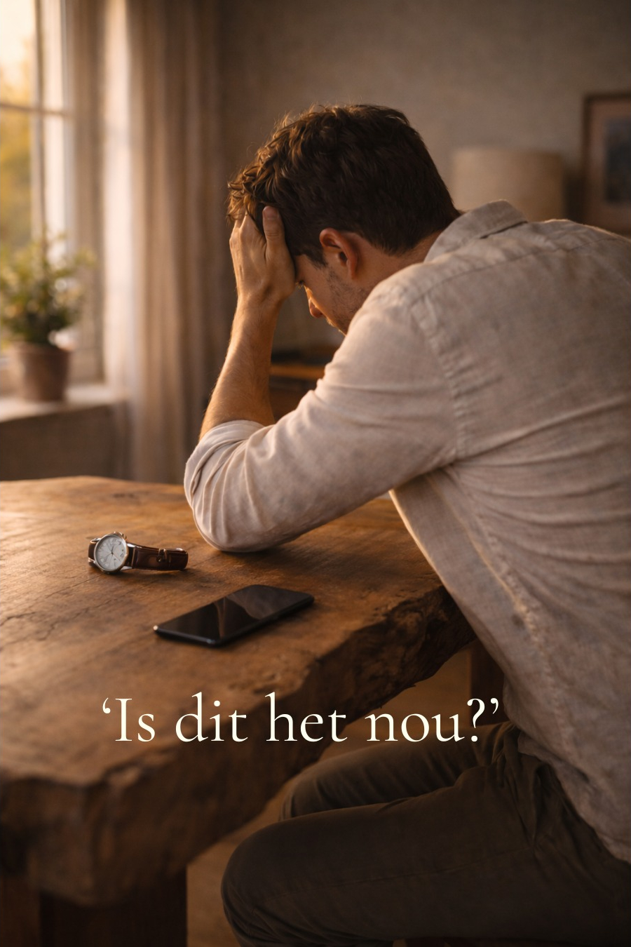 Man die uitkijkt over landschap bij zonsondergang